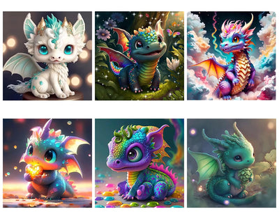VeGuude RYMILIE Diamond Painting Kits for Adults - 6 Pack Little Dragon DIY 5D Diamond Art Kits Full Drill Diamond Dots Paintings with Diamonds Gem Art and Crafts Home Decor 12x12inch