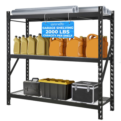 SereneLife Heavy Duty 3-Tier Metal Garage Shelving | 24" x 77" x 72" Extra Wide Adjustable Storage Utility | Freestanding Bulk Storage Rack | Open Wire Mesh Design | 2000 lbs. Capacity