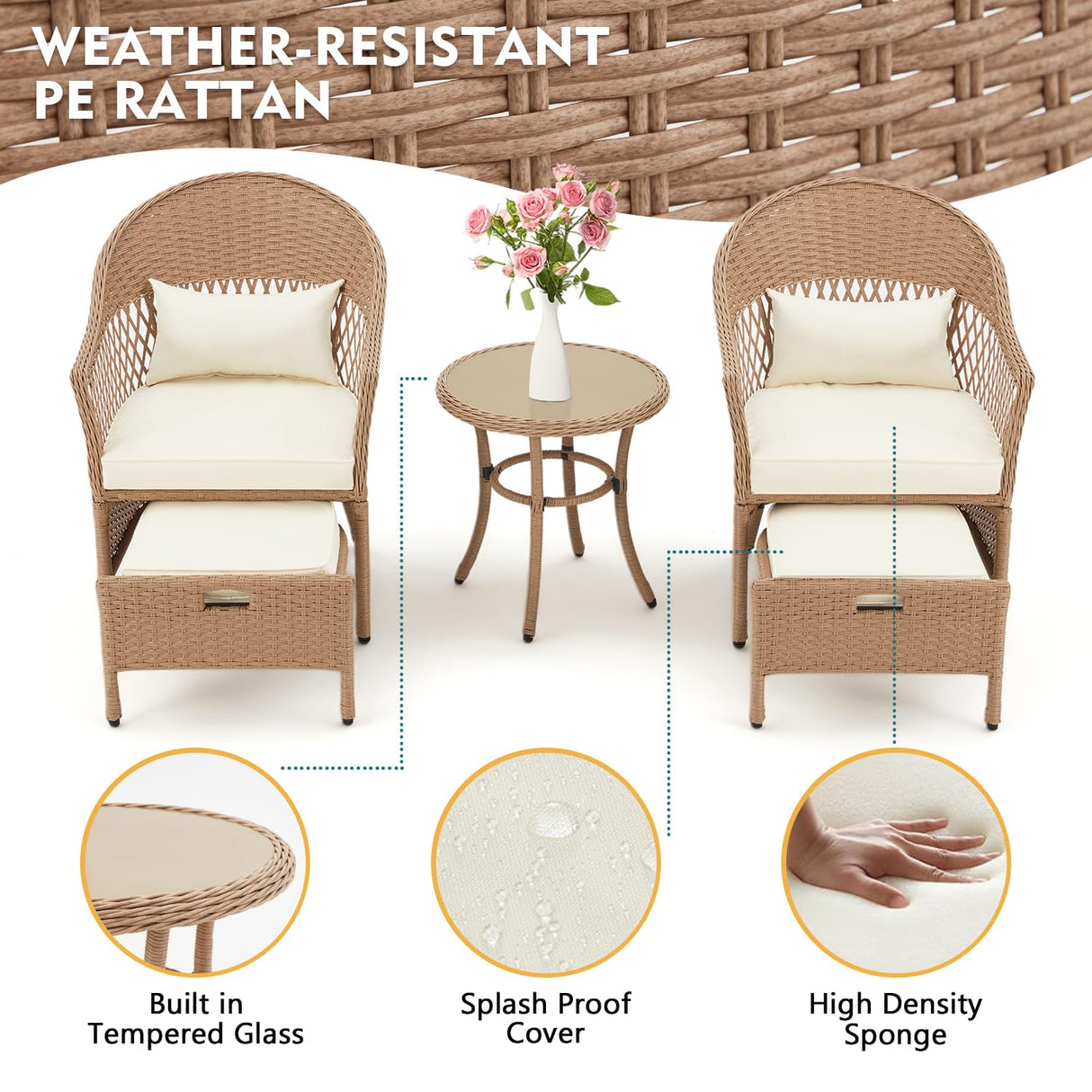 AVAWING 5 Pieces Patio Furniture Set, Outdoor Rattan Chairs with Round Glass Coffee Table, Ottomans & Soft Cushions, Wicker Conversation Bistro Set for Garden, Deck, Balcony, Poolside(Beige) AVAWING