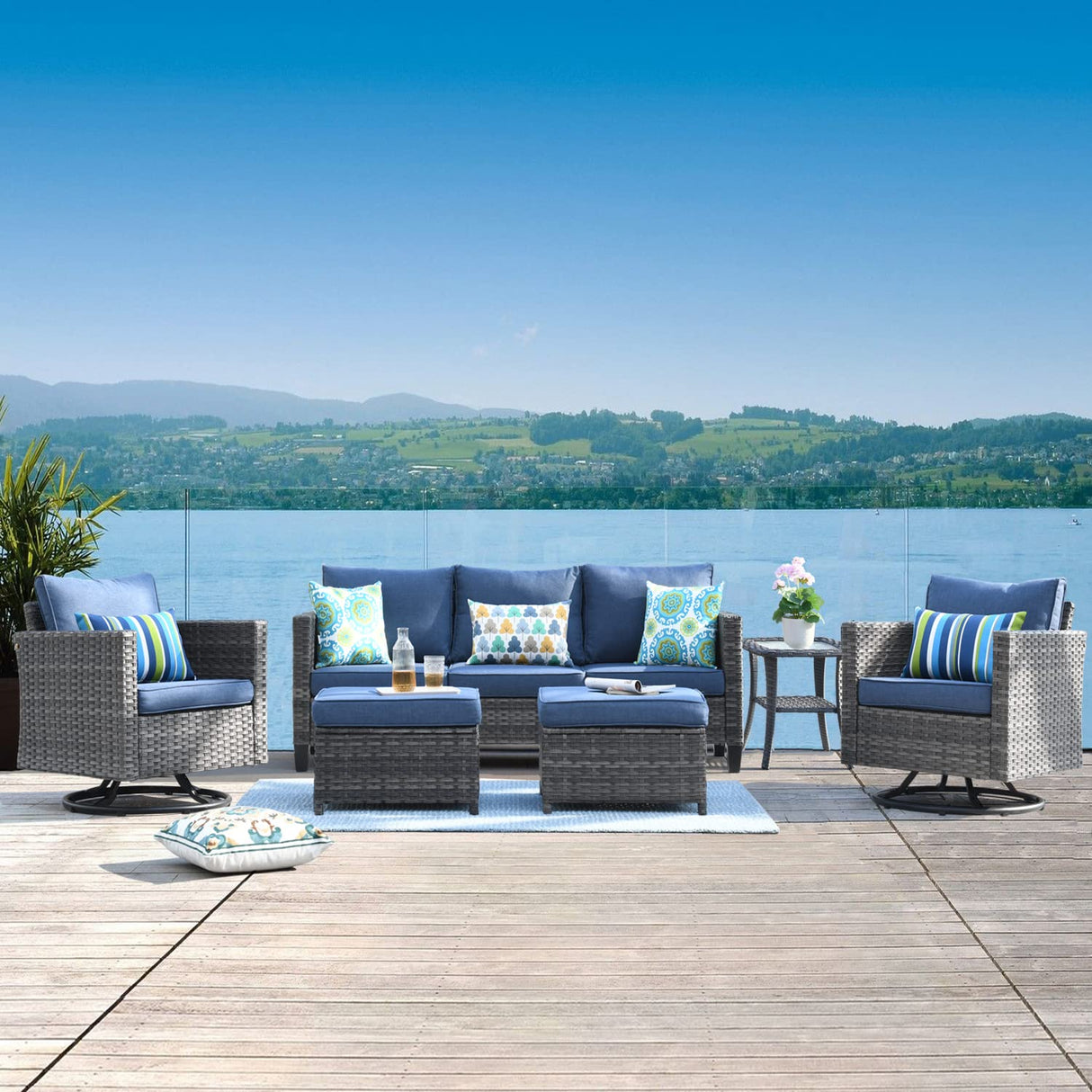 ovios Patio Furniture Set, 6 Piece Outdoor Wicker Sofa with Swivel Rocking Chairs and Comfy Cushions, High Back Rattan Couch Conversation Set, Denim Blue ovios