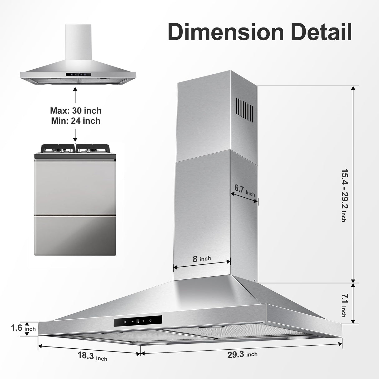 Tieasy Range Hood 30 inch Wall Mount, Kitchen Vent Hood 450 CFM in Stainless Steel, Stove Vent Hood with Ducted Convertible Ductless, Touch Switch, LEDs Light, 3-Speed Fan, Aluminum Filters Tieasy