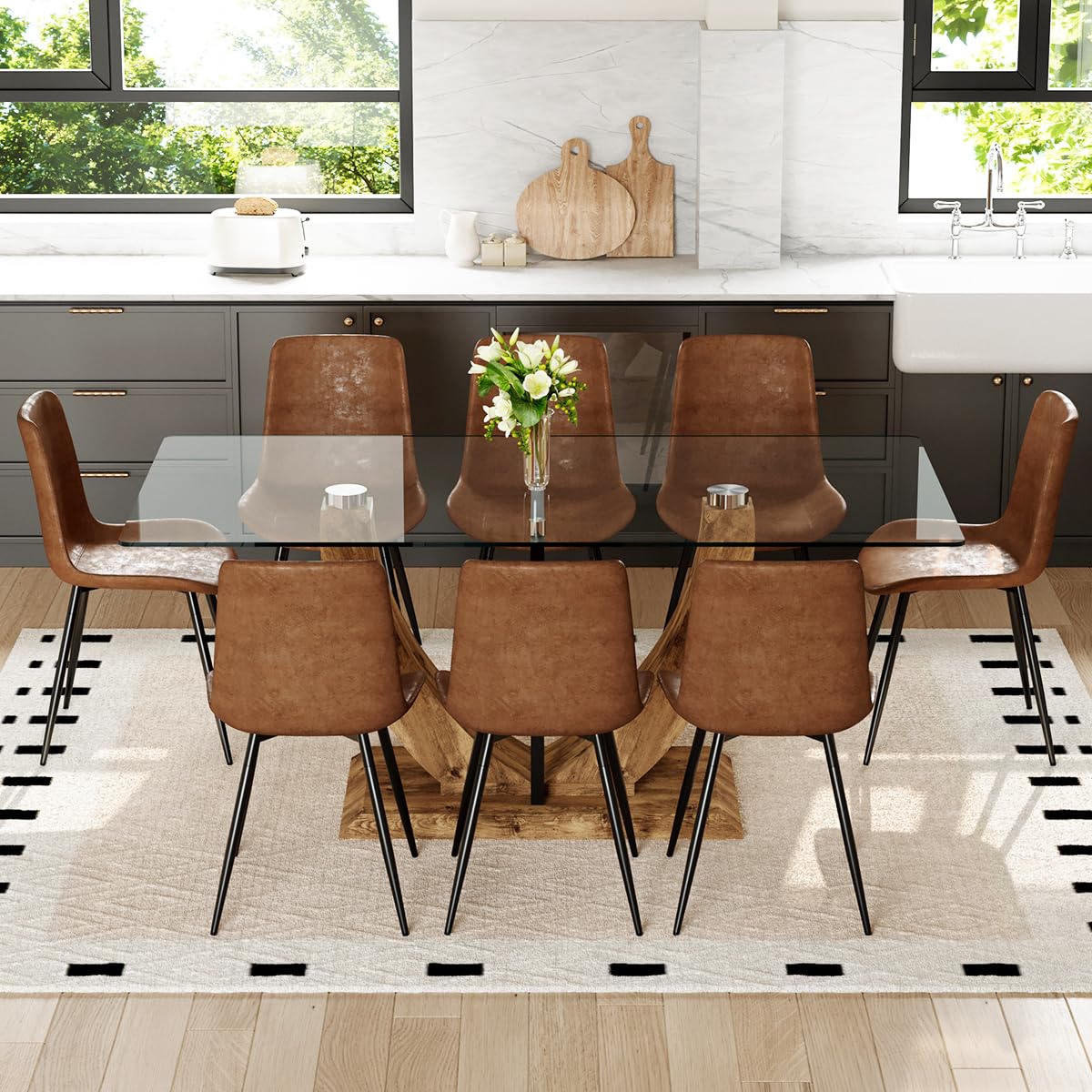 JEARGE 71" Glass Dining Table Set for 8, 9 Piece Dining Table Set,Tempered Glass Table Top with U-Shaped Legs and Fabric Dining Chairs,Ideal for Kitchens, Living Rooms JEARGE