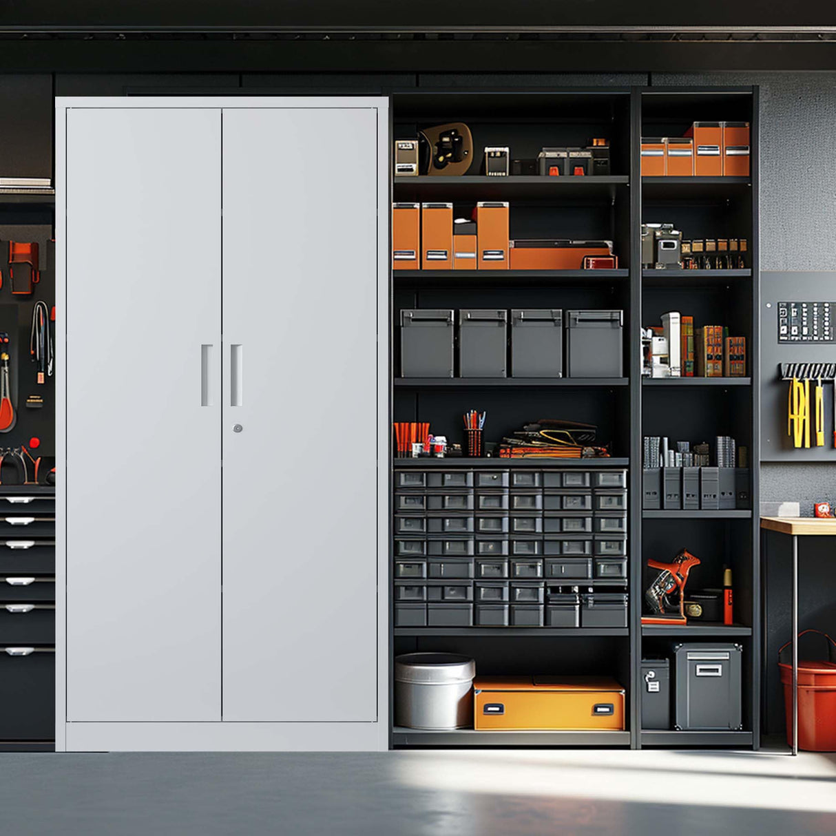 Metal Garage Storage Cabinet,71" h Tall Garage Cabinet with 2 Doors and 5 Adjustable Shelves, Steel Utility Tool Cabinet Black Locking Cabinets, Lockable File Cabinet Garage Storage Locker (White) AnwickNomo