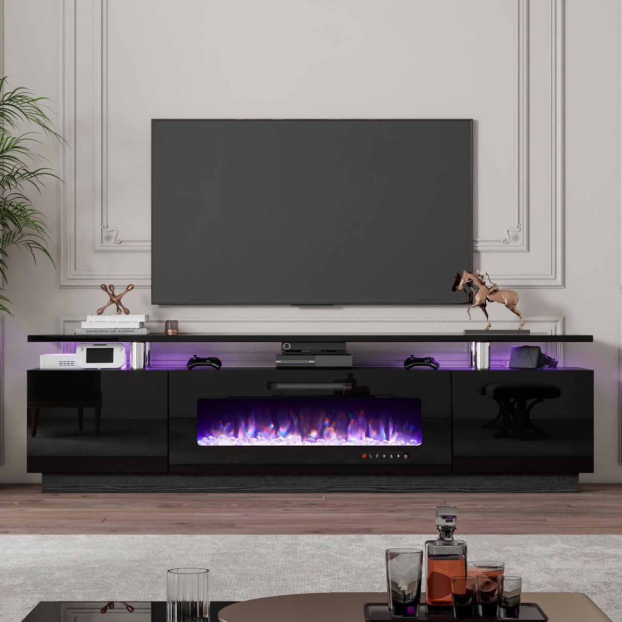 LUXOAK 80" Fireplace TV Stand, Modern High Gloss Finish Media Console with 40" Electric Fireplace, Open Storage Entertainment Center for TVs Up to 90" with LED Lights, Black LUXOAK
