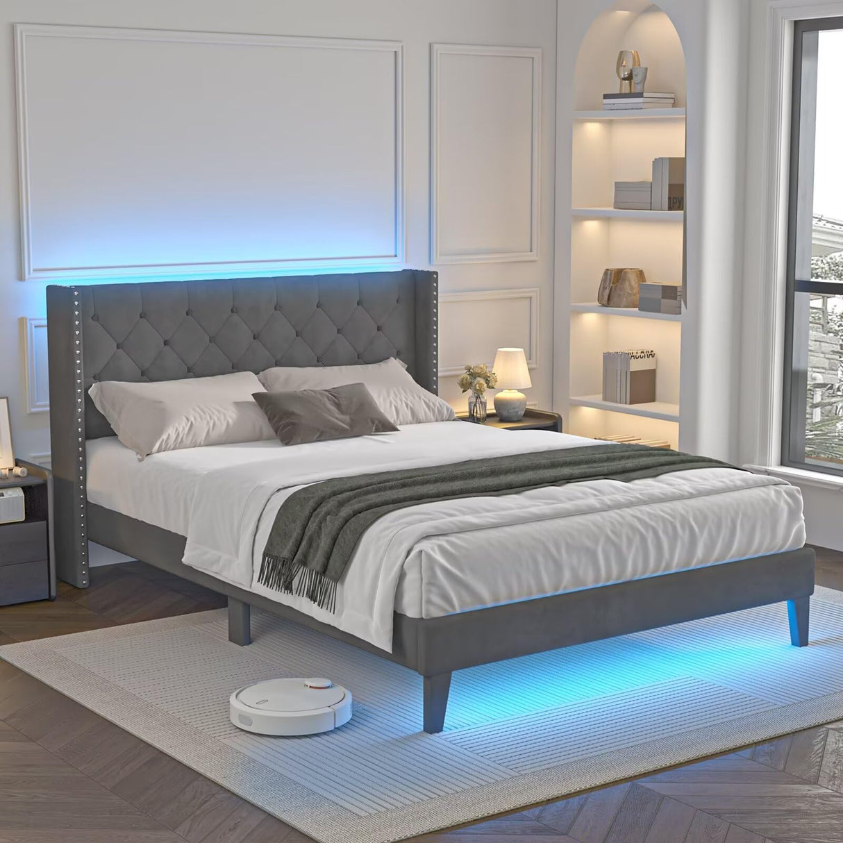 Lihimte Queen Size Bed Frame with Led Lights, Upholstered Velvet Platform Bed Frames with Button Tufted Wingback Headboard and Footboard, Wooden Slats Support, No Box Spring Needed, Dark Grey Lihimte