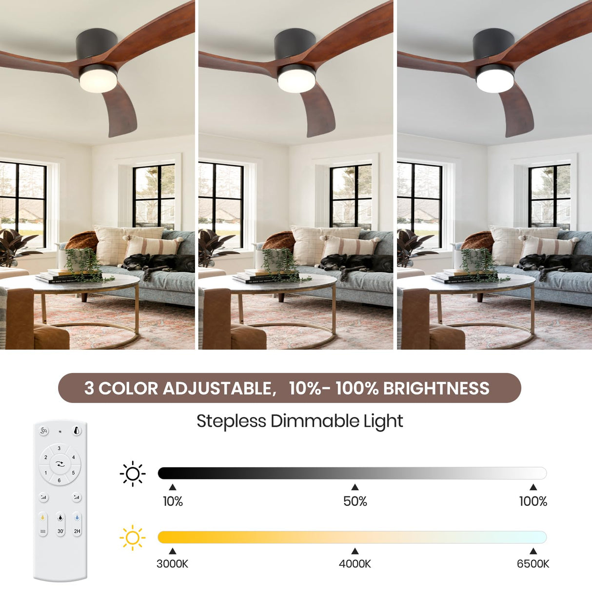 GESUM 52" Ceiling Fan With Lights Remote Control, Low Profile Ceiling Fan with 3 Walnut Wood Blades, Reversible,Dimmable, Flush Mount Ceiling Fans for Living Room Kitchen Bedroom(Black+Walnut) GESUM