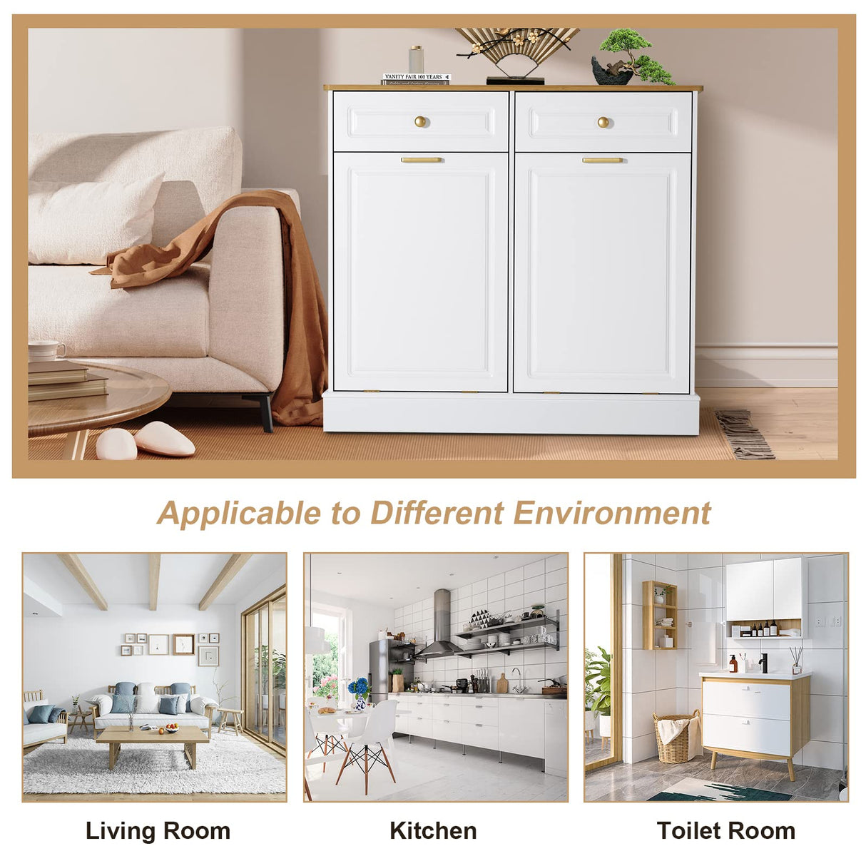 UEV Double Kitchen Trash Cabinets,Two Tilt Out Trash Cabinets with Solid Hideaway Drawers,Free Standing Wooden Kitchen Trash Can Recycling Cabinet Trash Can Holder (White) UEV