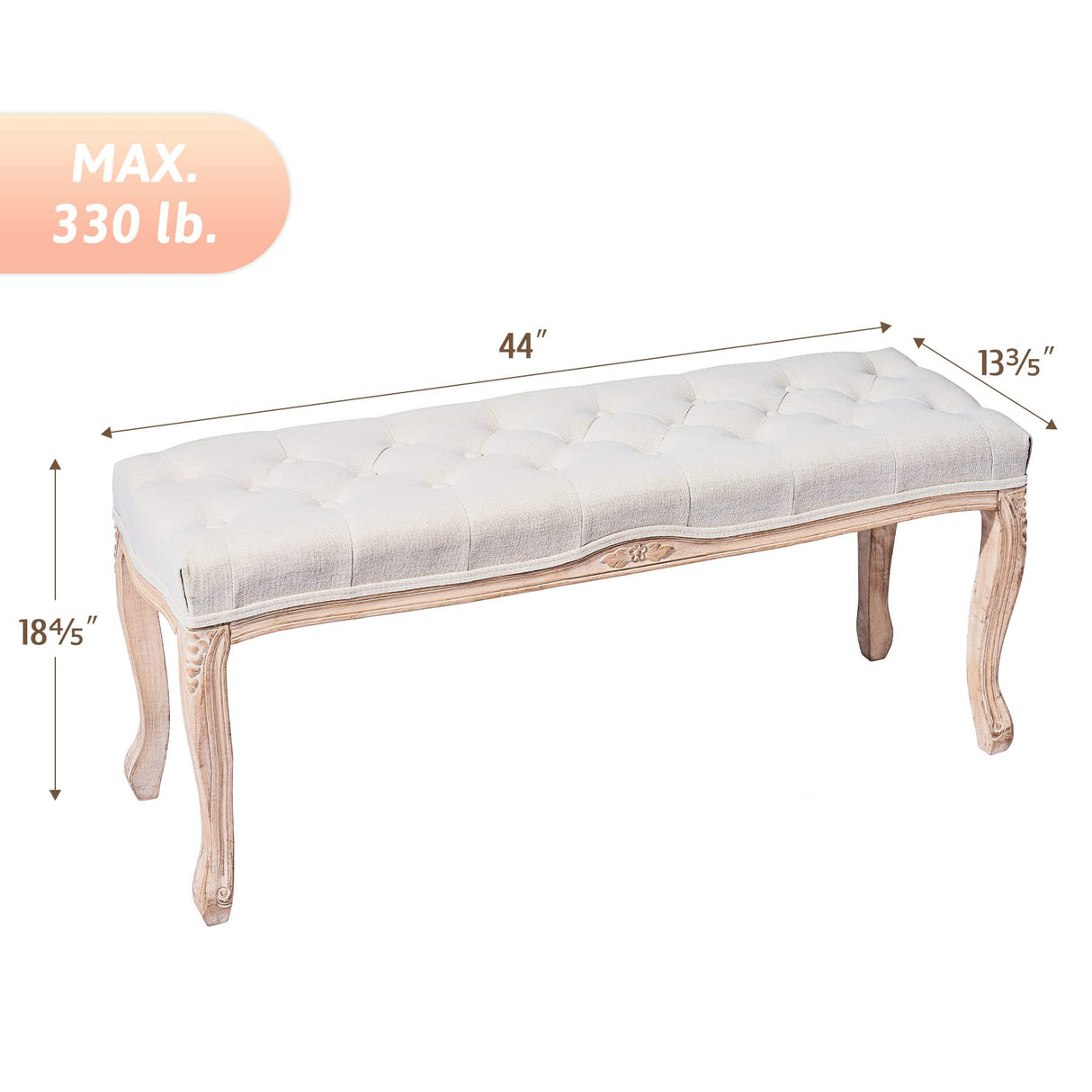 VONLUCE Vintage Bench with Padded Seat & Rubberwood Legs, 44" Memory Foam Upholstered Entryway Bench, Tufted Fabric End of Bed Bench for Bedroom and Living Room, French Style, Beige VONLUCE