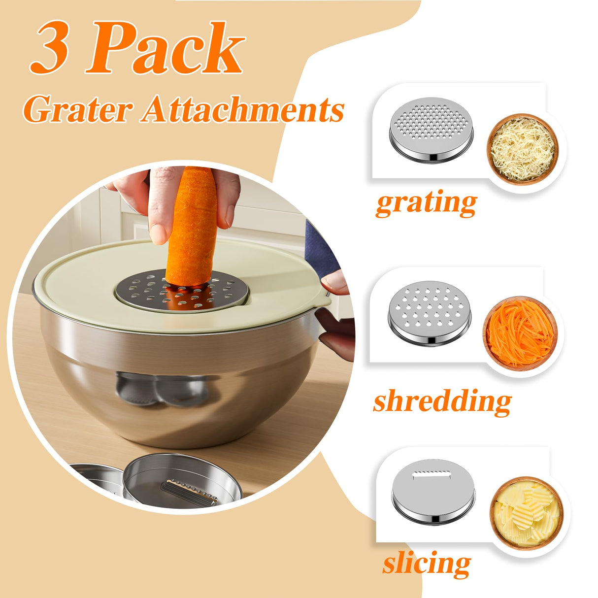 Winproper Mixing Bowls with Lids Set, 6 PCS Stainless Steel Mixing Bowls with 3 Grater Attachments, Kitchen Food Storage Organizers Nesting Mixing Bowl, Large Size 4.5, 3.5, 2.1, 1.5, 1.1, 0.7QT Winproper