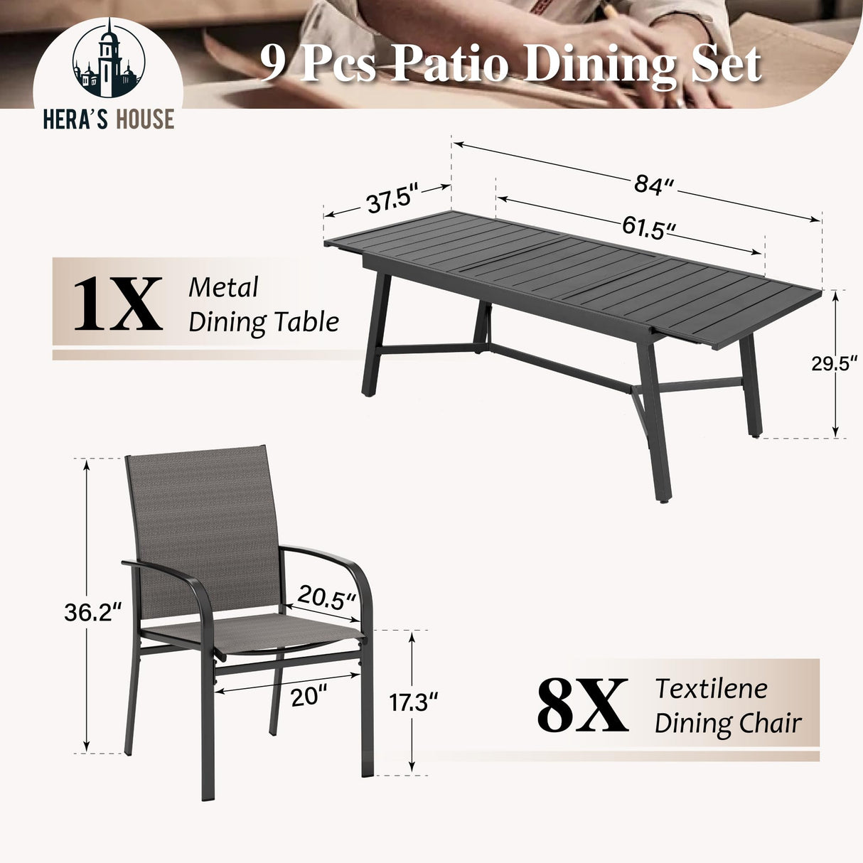 HERA'S HOUSE Extendable Patio Table and Chairs Set for 8, 9 Pieces Outdoor Dining Sets, 61"-84" Rectangular Metal Table with Chairs for Deck Lawn Garden Porch HERA'S HOUSE