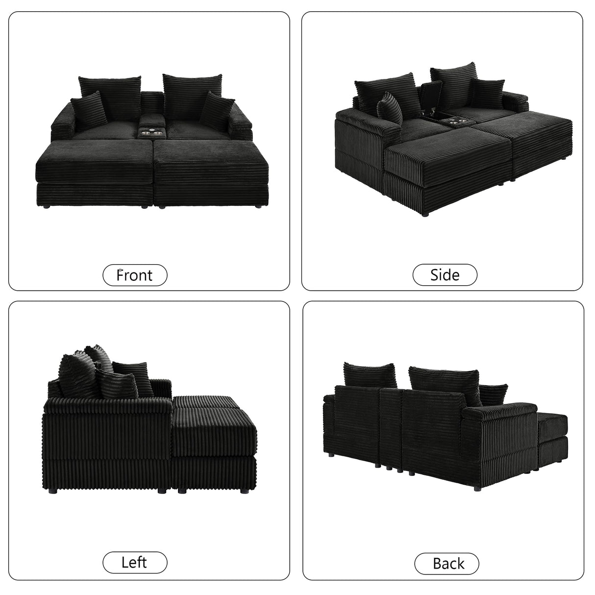 GNIXUU 82.7" Oversized Loveseat Sectional Sofa Sleeper with Storage Console & Cup Holders & USB Ports, Comfy Chaise Lounge Couch Bed with Ottomans for Living Room, Black Corduroy GNIXUU