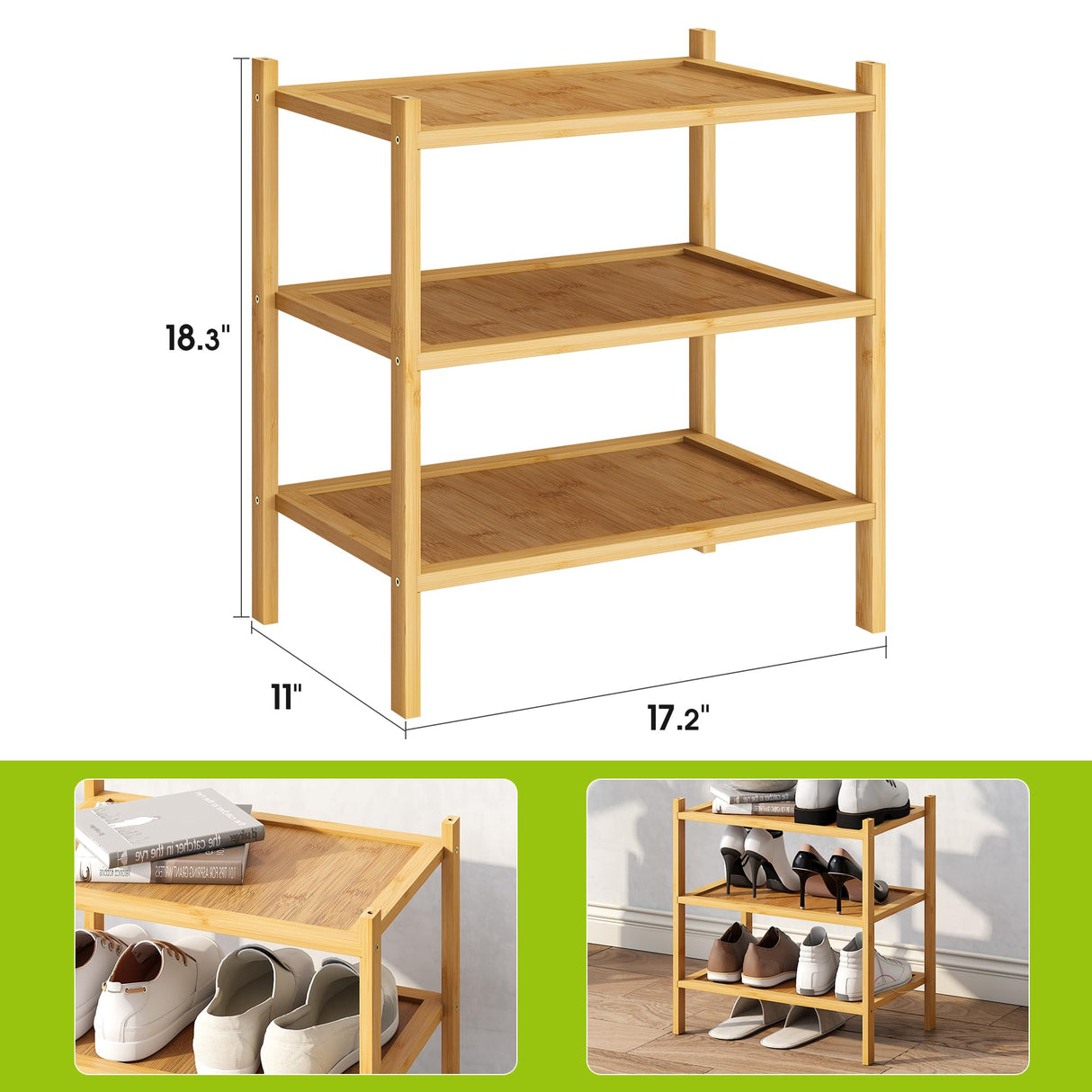 BMOSU 3-Tier Bamboo Small Shoe Rack Premium Stackable Shoe Shelf Storage Organizer for Hallway Closet Living Room Entryway Organizer(Natural) BMOSU