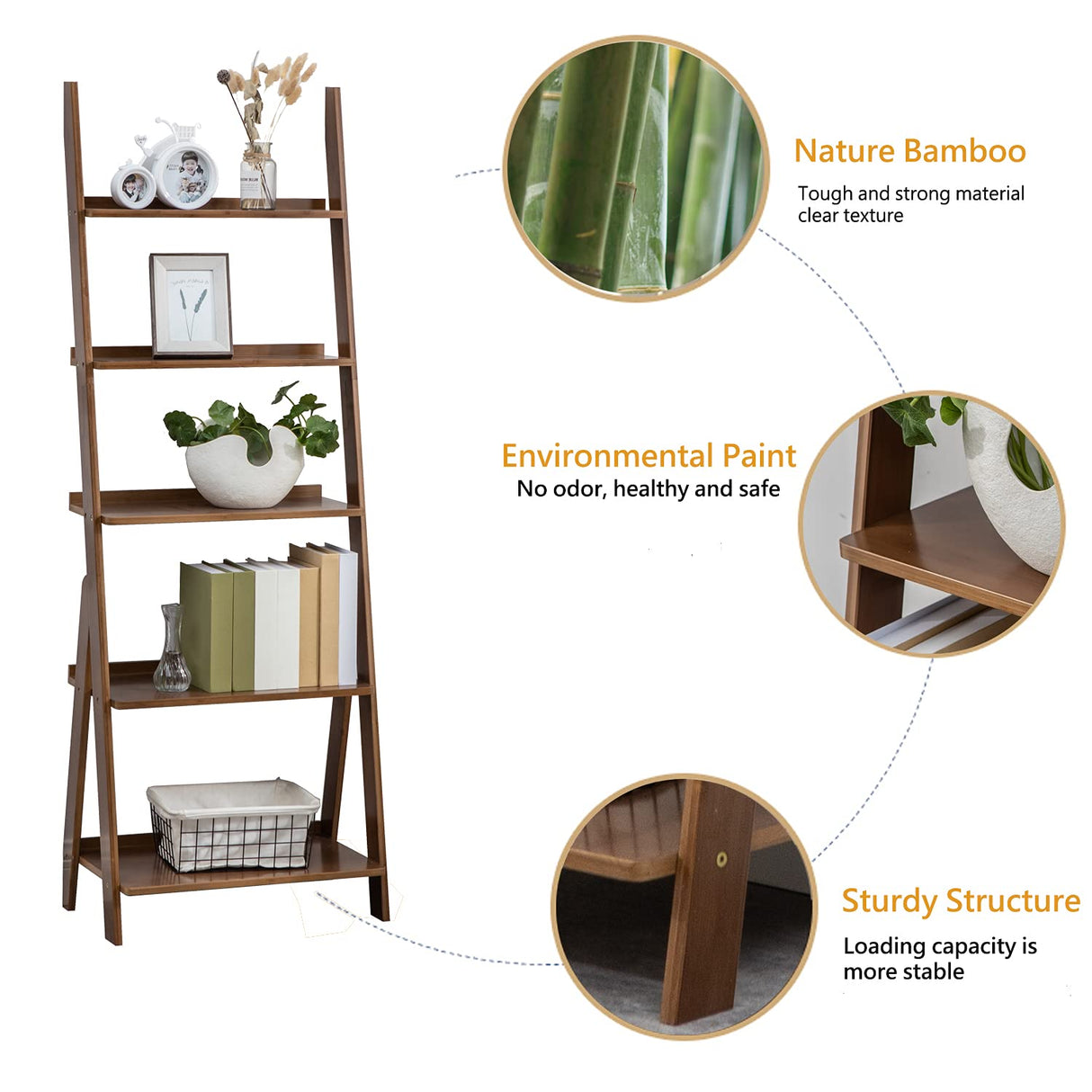 SOBIBO Ladder Shelf, 5-Tier Leaning Shelf, Free Standing Organizer Storage Shelves, Storage Rack Shelf for Office, Living Room, Nature SOBIBO