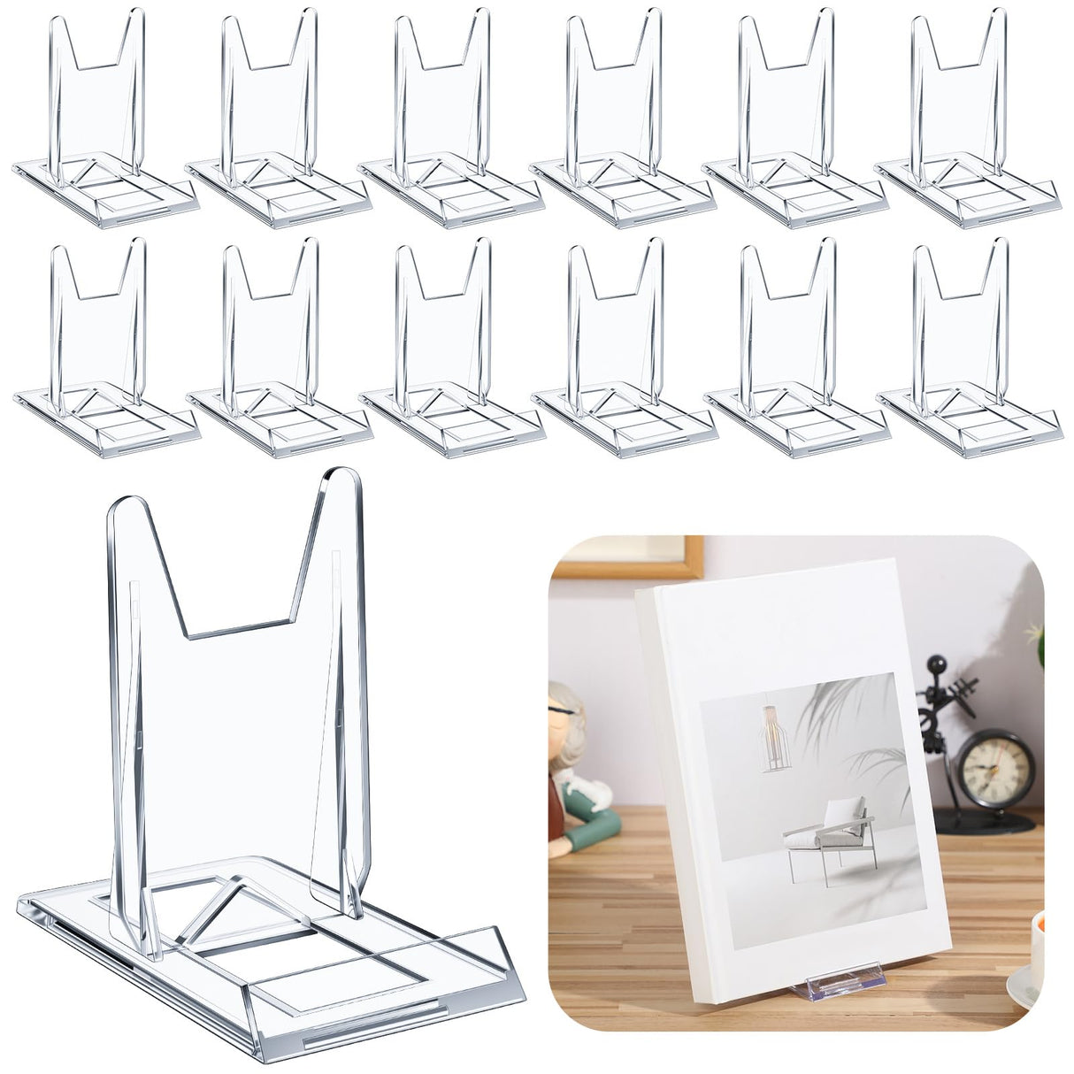 Memorywuu 12 Pack Acrylic Book Stand for Display Adjustable Clear Display Holder Easel Collector Stand for Home Office Back to School Comic Album CD Magazine Postcard Artworks (4.2 x 4.3 x 2.35 Inch) Memorywuu