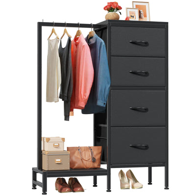 HIGDBFE Dresser with Hanging Rack, 4 Drawers Small Closet for Bedroom, Reversible Fabric Kids Chest of Drawers with Clothes Rack, Tall Storage Tower, Sturdy Frame, Black, 44''H