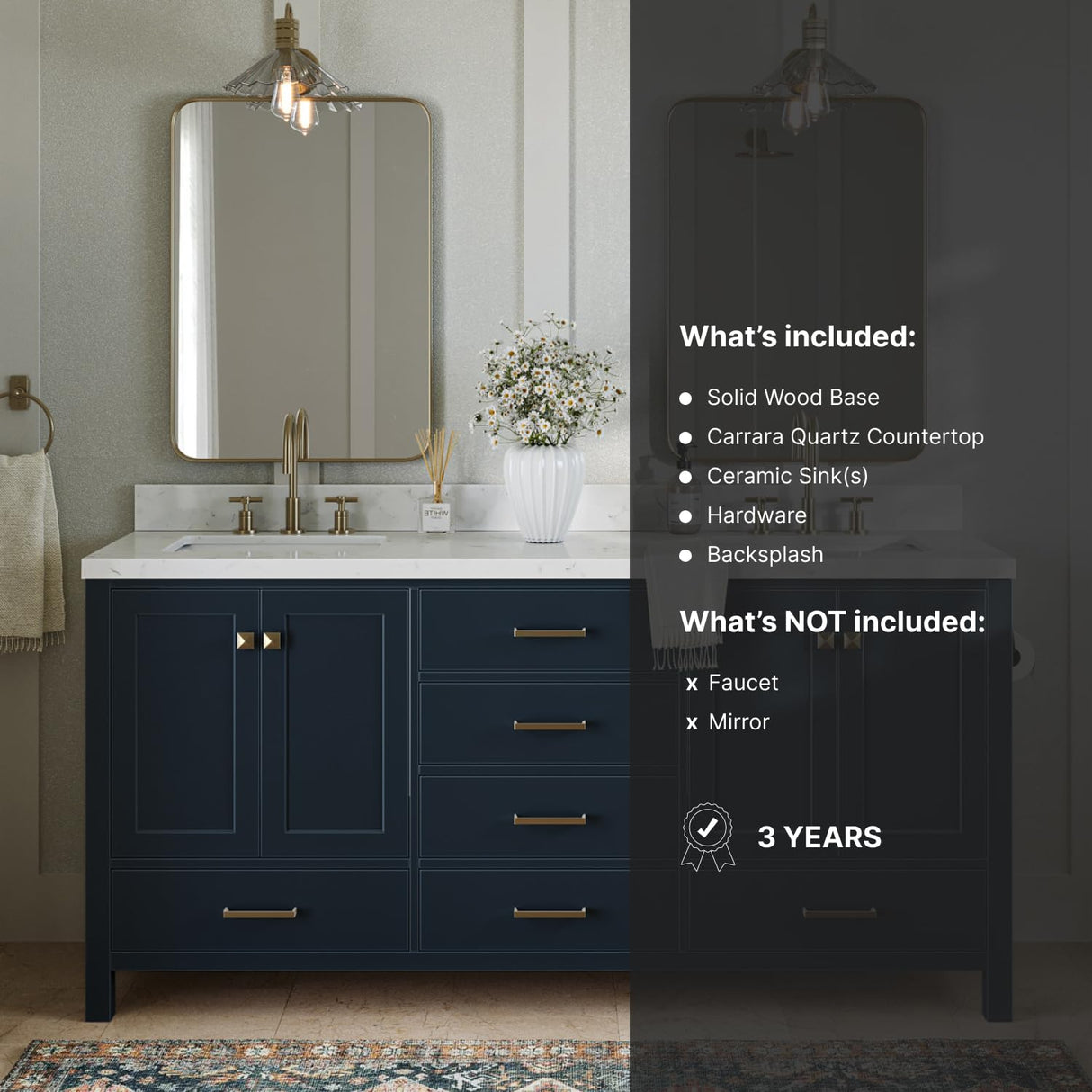 ARIEL Cambridge 72" Midnight Blue Double Vanity, 1.5" Edge Carrara White Quartz Countertop & Splash, Rectangular Sinks, 4 Soft Closing Doors, 6 Full Extension Dovetail Drawers, Satin Brass ARIEL