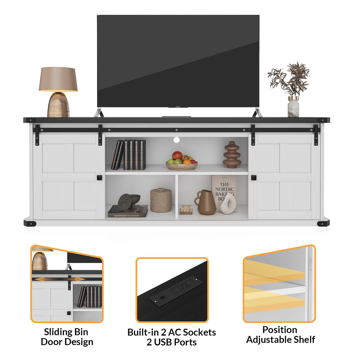 GarveeHome 70 in Farmhouse TV Stand for 75 in TVs, Modern Entertainment Center with Sliding Barn Doors, Modern Media TV Console Table, Wood Long TV Stand for Living Room GarveeHome