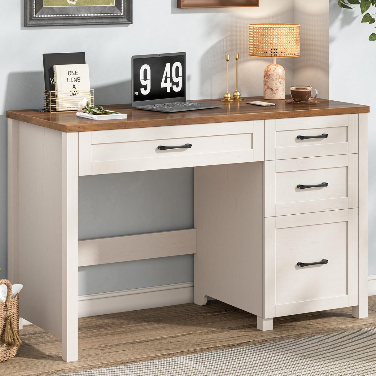 Vabches Farmhouse 47" Executive Desk with 4 Drawers, Computer Desk with File Drawer and Charging Station, Workstation for Home Office, Study.(Unique White) Vabches