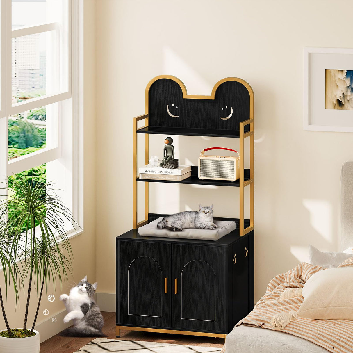 Snughome Cat Litter Box Enclosure with Storage Shelves, Indoor Hidden Cat Litter Box Enclosure Furniture, Wooden Cat Washroom Furniture Cabinet with Metal Frame, Modern Style, Black and Gold Snughome