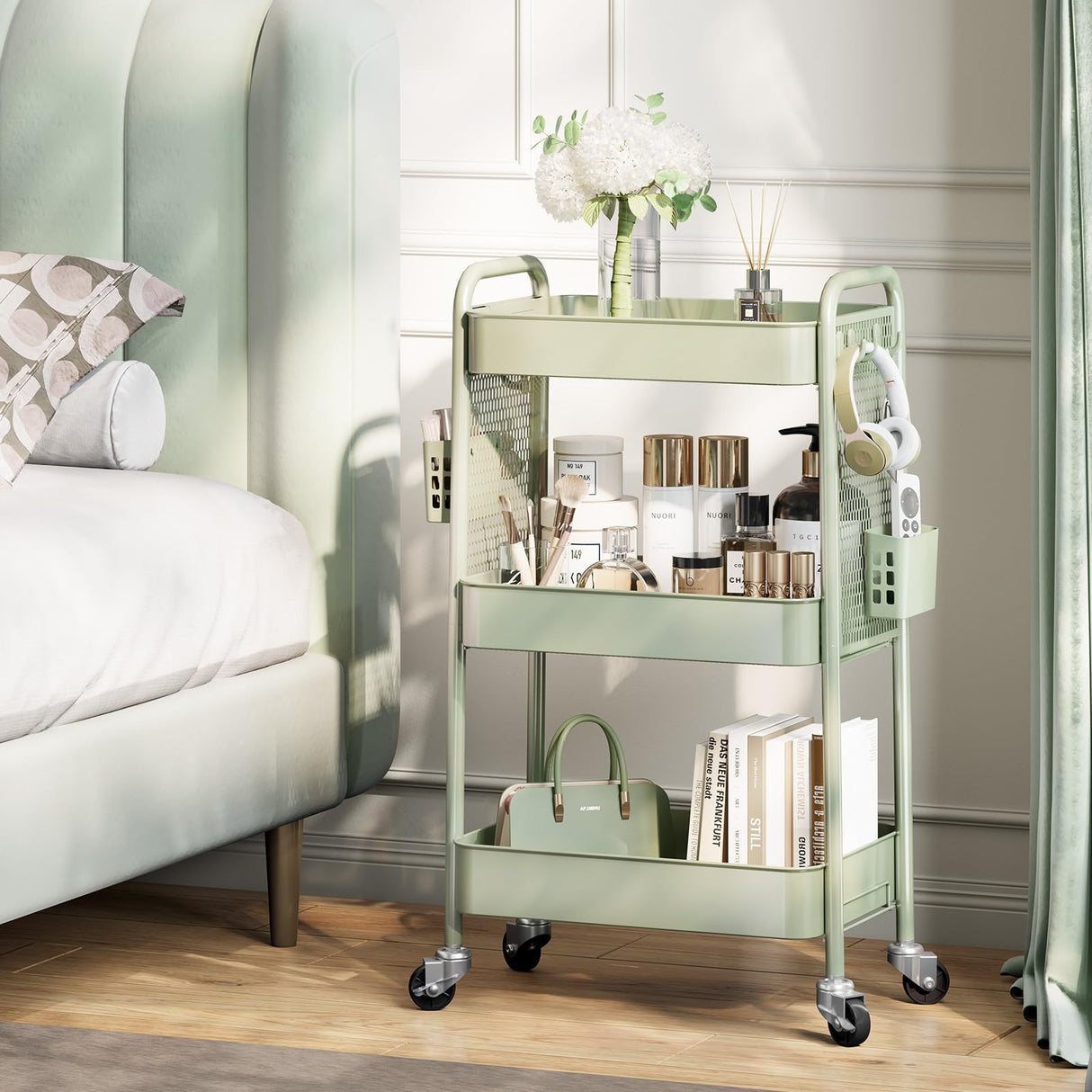 TOOLF 3 Tier Rolling Cart Storage Organizer, Metal Rolling Utility Cart with Wheels, Hooks & Bins Esthetician Craft Art Sturdy Storage with Pegboard for Bathroom, Kitchen, Office, Nursery Diaper TOOLF