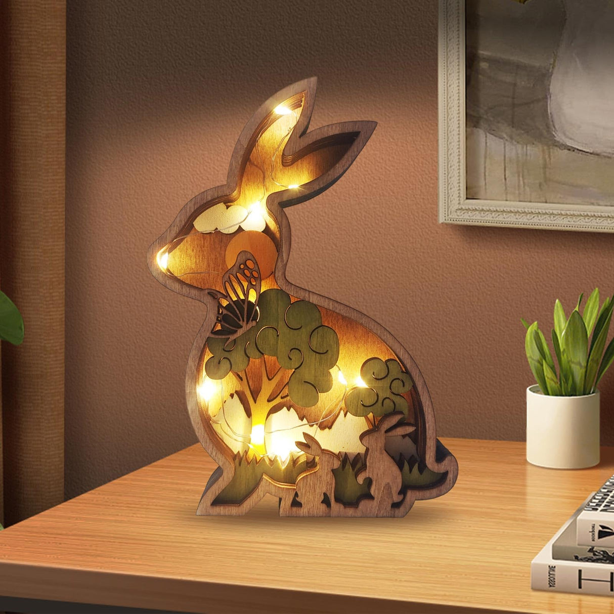 Drawelry 3D Wooden Animals Carving Home Decorative - Creative Wood Carved Lamp Farmhouse Wooden Animals Sculpture Ornaments Easter Birthday Gifts for Family Friend Son Dad (Rabbit, with Light) Drawelry