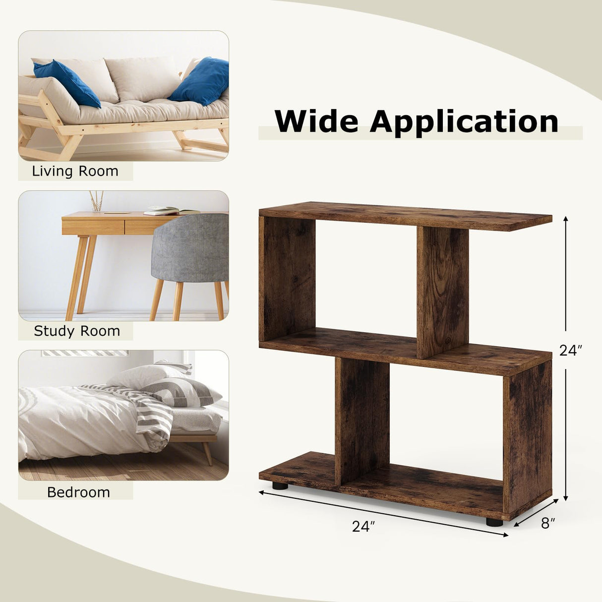 LOKO 3-Tier Geometric Bookshelf, S-Shaped Open Bookcase, Freestanding Decorative Storage Shelving, Home Storage Organizer for Living Room, Bedroom, Home Office (1, Rustic Brown) LOKO