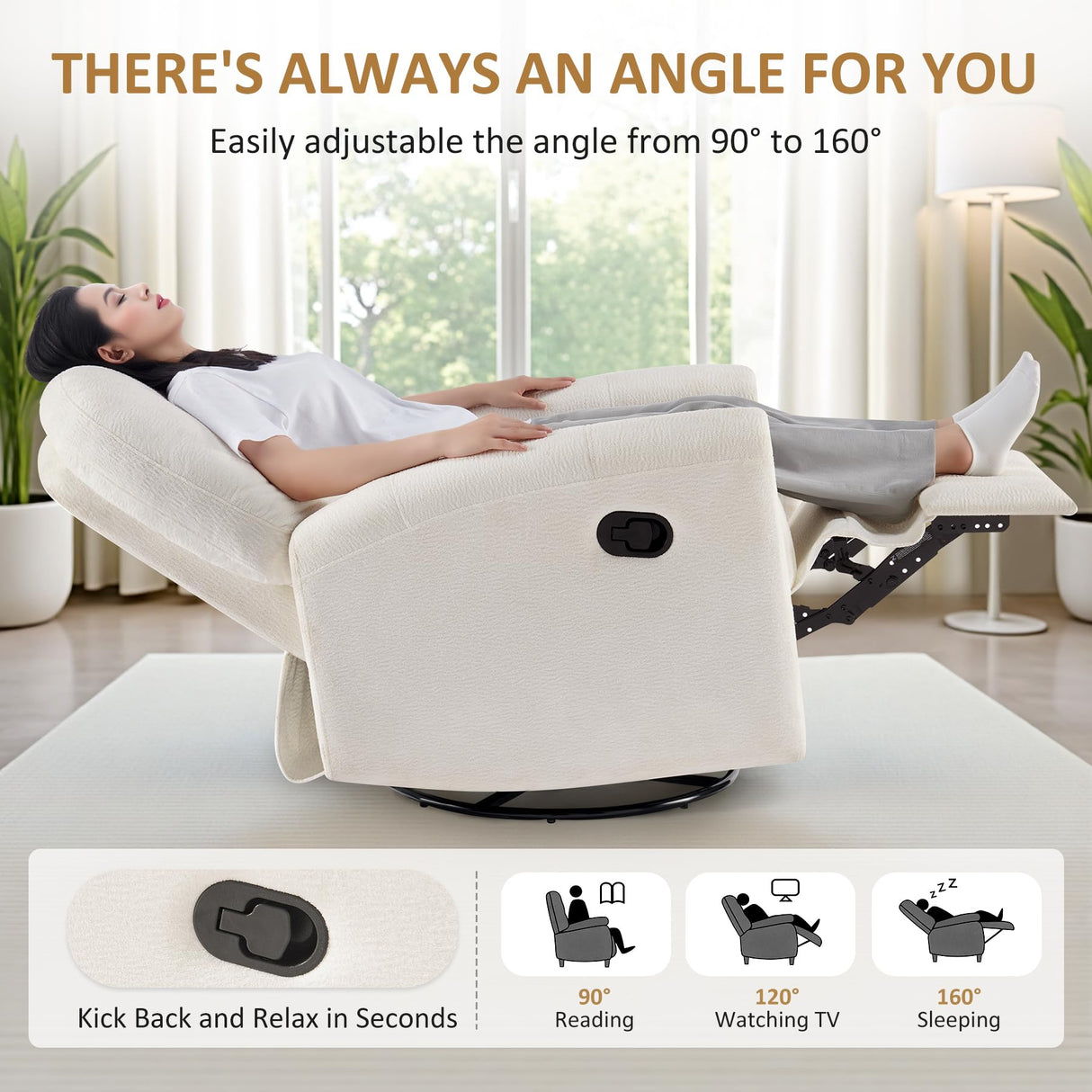 VANOMi 360 Swivel Rocker Recliner Chair, Nursery Rocking Chair with Tufted Backrest, Manual Recliner Chairs for Small Spaces, Upholstered Glider Nursing Chair for Living Room, Bedroom (White) VANOMi