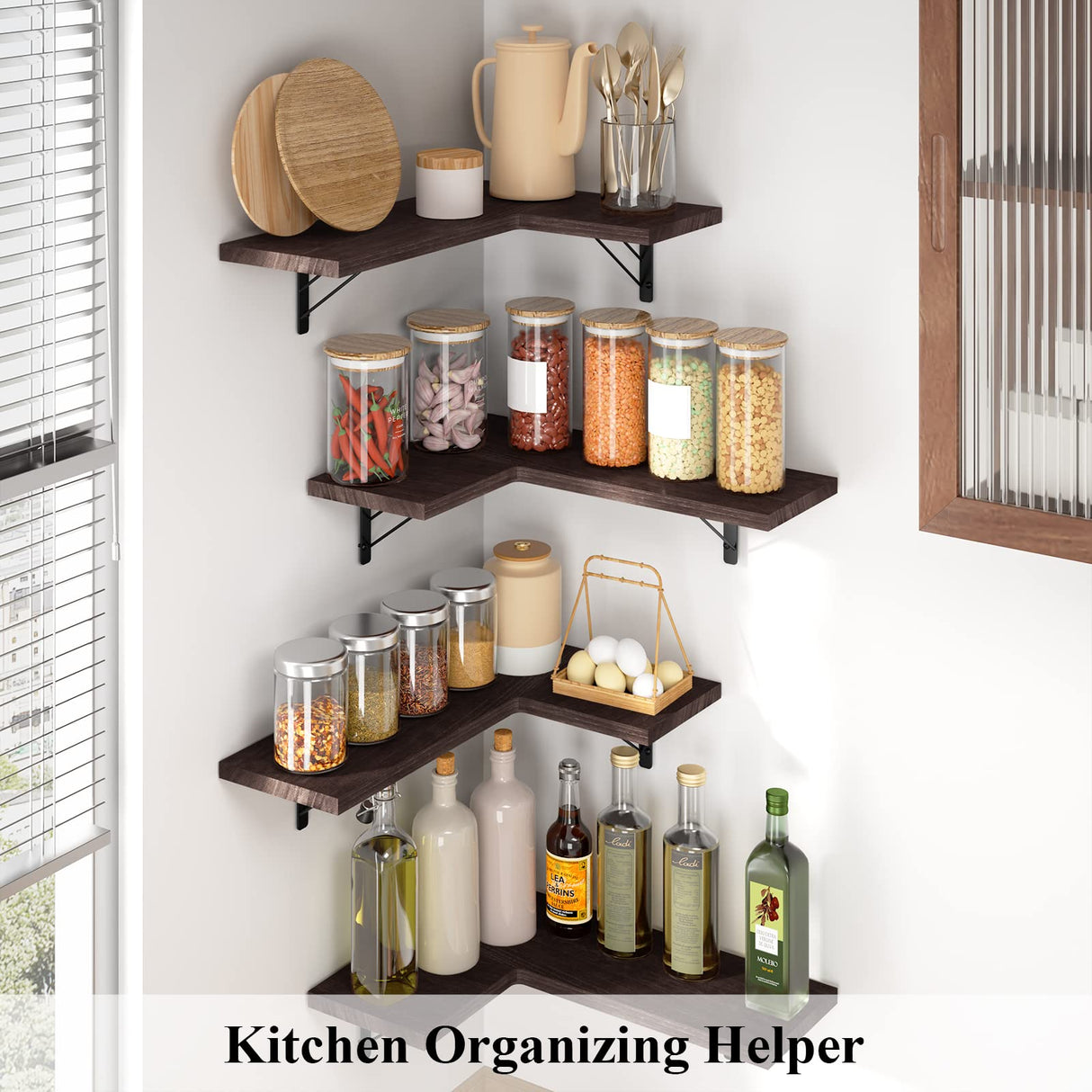 Love-KANKEI Corner Shelf Wall Mounted,Floating Wall Shelves for Storage,Rustic Wood Hanging Shelves for Display,Bedroom Bathroom Living Room Kitchen,Set of 4, Dark Brown Love-KANKEI