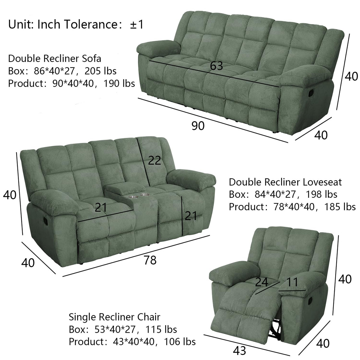 SIENWIEY Recliner Sofa Set for Reclining Living Room Furniture,Green Corduroy Reclining Sofa and Loveseat Set Manual Fabric Reclining Couch Set with 3 Seater Reclining Sofa 2 Seater Loveseat Recliner SIENWIEY