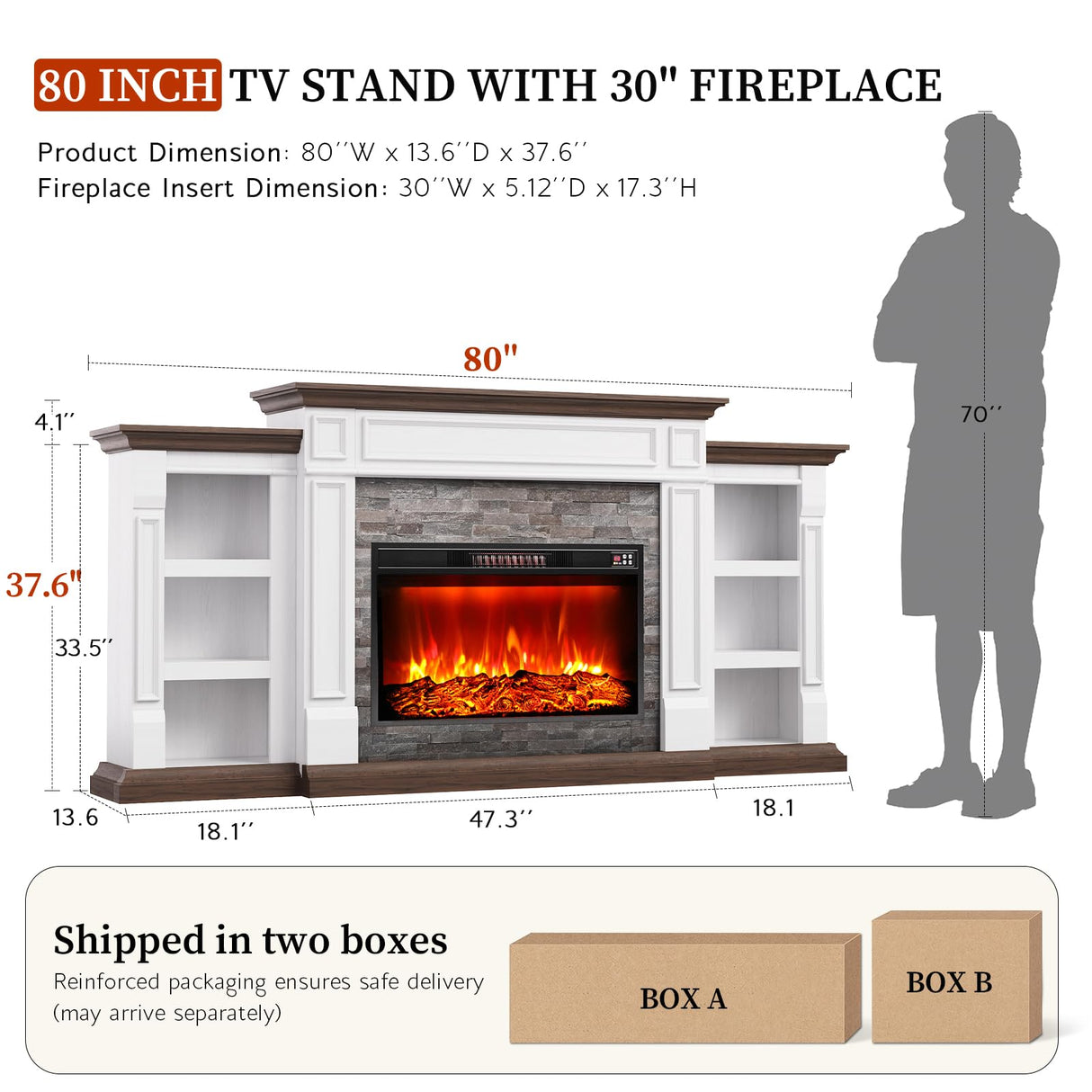 80" Fireplace TV Stand for TVs Up to 90 Inch, Electric Fireplace with Mantel, Farmhouse Entertainment Center with Storage, Realistic Stacked Stone Surround with Remote Control for Living Room HolliWill