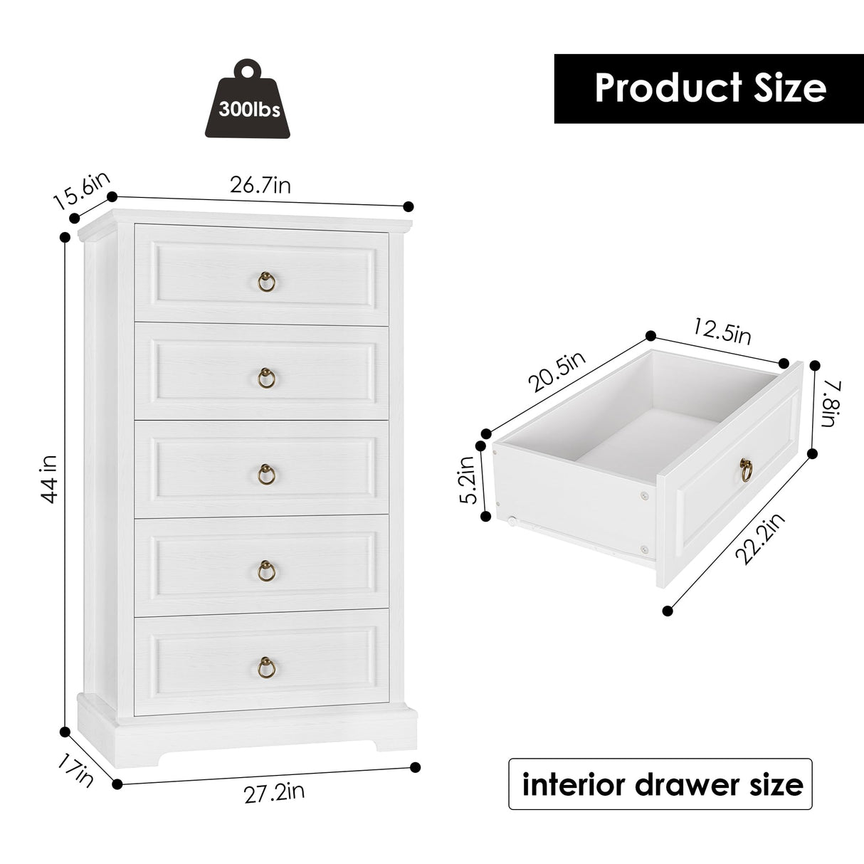 HOSTACK Dresser for Bedroom, 44" Tall Dresser with 5 Drawers, White Chest of Drawers with Storage, Modern Farmhouse Wood Dressers for Closet, Living Room, Hallway HOSTACK