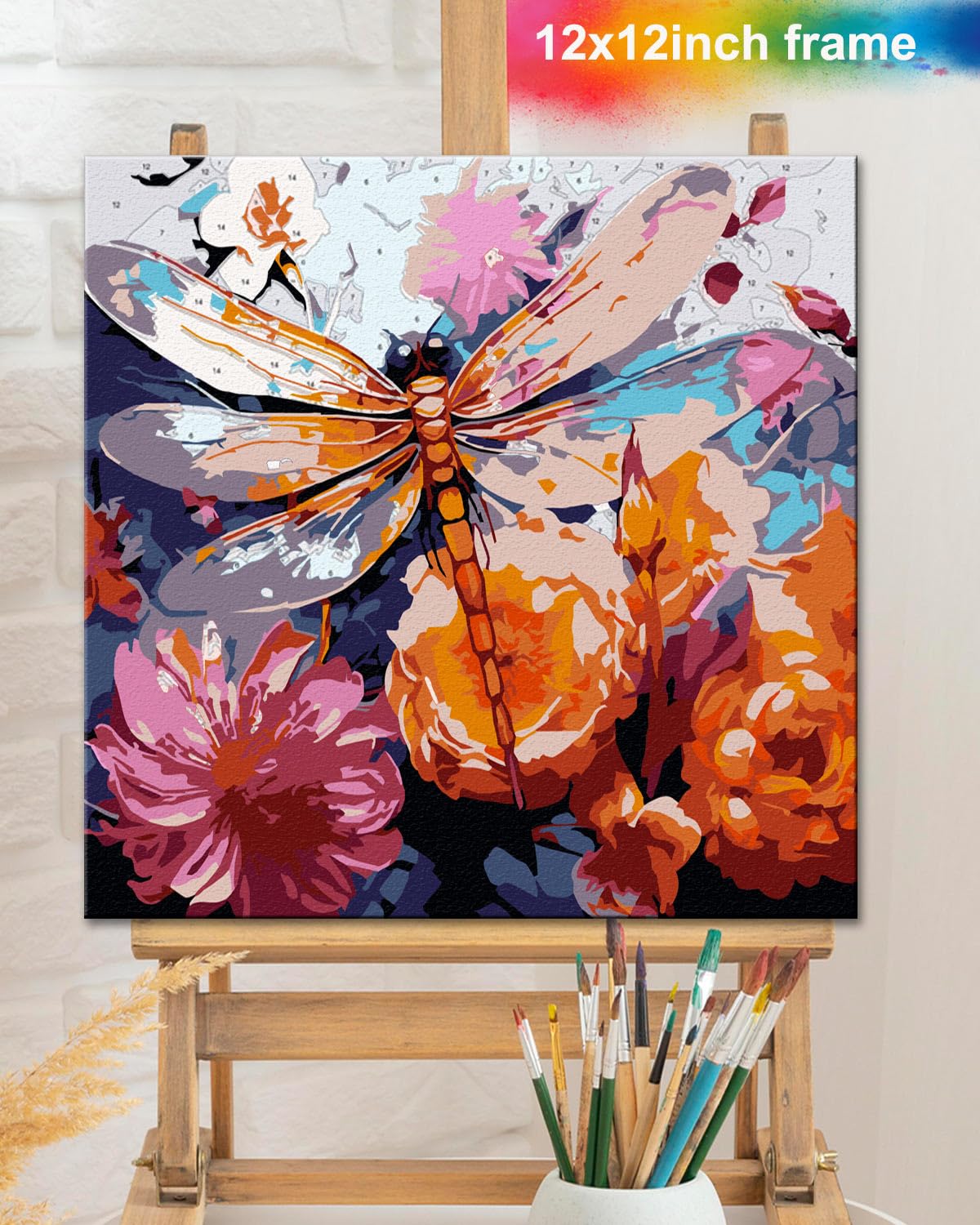 TOCARE Framed Paint by Numbers Kit for Adults Beginners,12x12inch Dragonfly Paint by Number with Frame,Flowers Paint by Numbers Framed Canvas(Without Easel) TOCARE