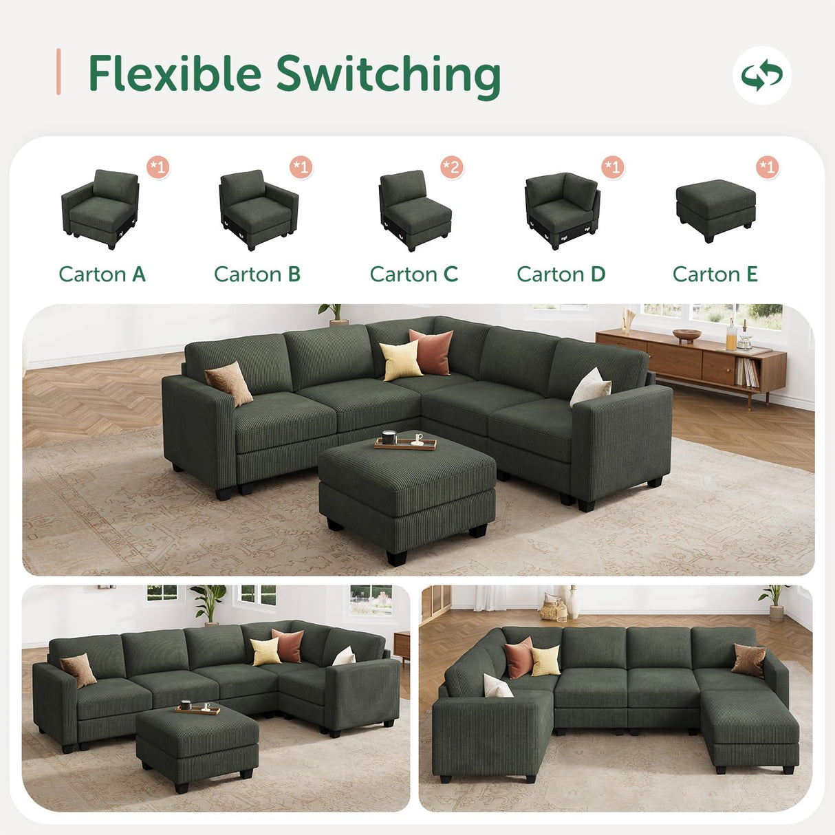 HONBAY Corduroy Modular Sectional Couch with Storage L-Shaped Sectional Couches for Living Room 6 Seater Modular Sofa, Green HONBAY