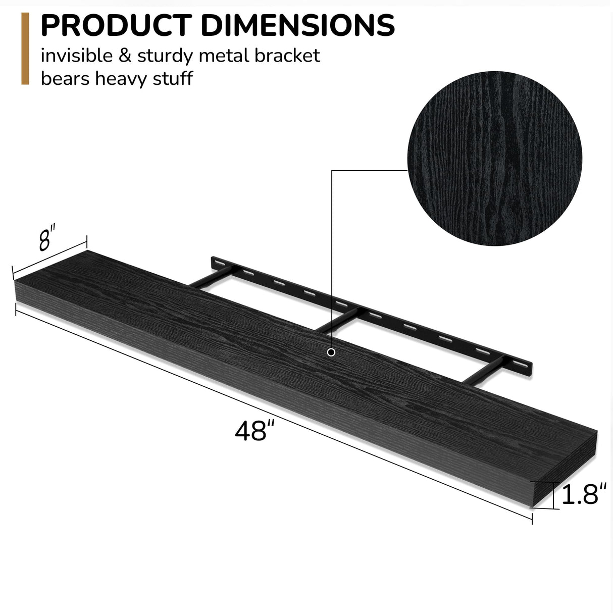 Fun Memories 48 Inch Floating Shelves - Fireplace Mantel Shelf - Deep Wall Mounted Wood Storage Shelf for Bedroom, Kitchen, Farmhouse - 1 Pack, Rustic Black Fun Memories