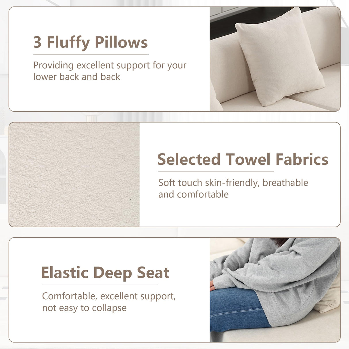 Suheww 130.5” Curved Sofa for Living Room, Cloud Sectional Couch Modern Boneless Lounge Sofa, 4-Seater Beige Oversized Compressed Couch with 3 Pillows for Apartment Bedroom Office Suheww