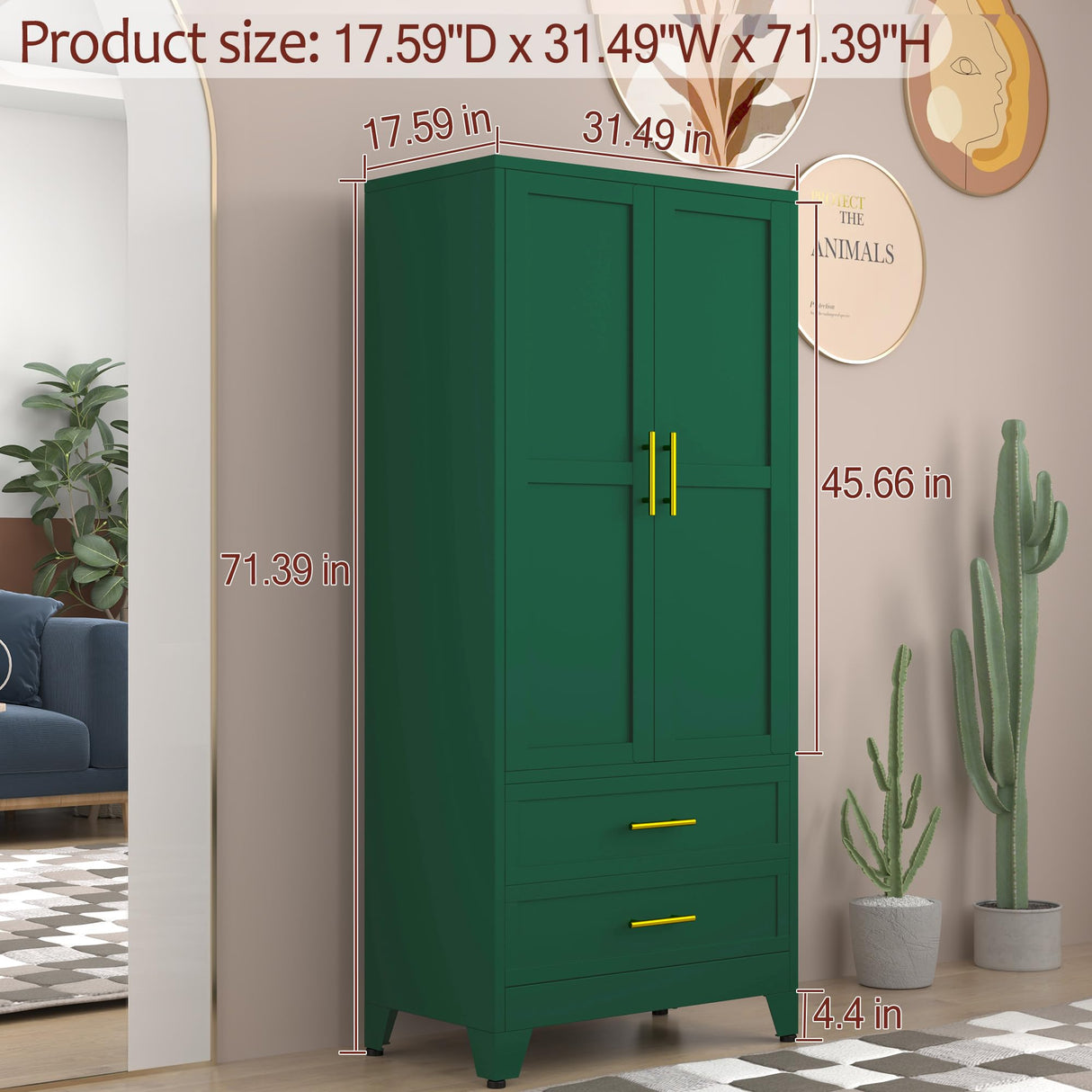 Metal Wardrobe Closet with 2 Doors & 2 Drawers, 71" Tall Armoire Wardrobe Closet with Hanging Rods and Adjustable Shelf, Steel Wardrobe Storage Cabinet for Bedroom-Green winiowa