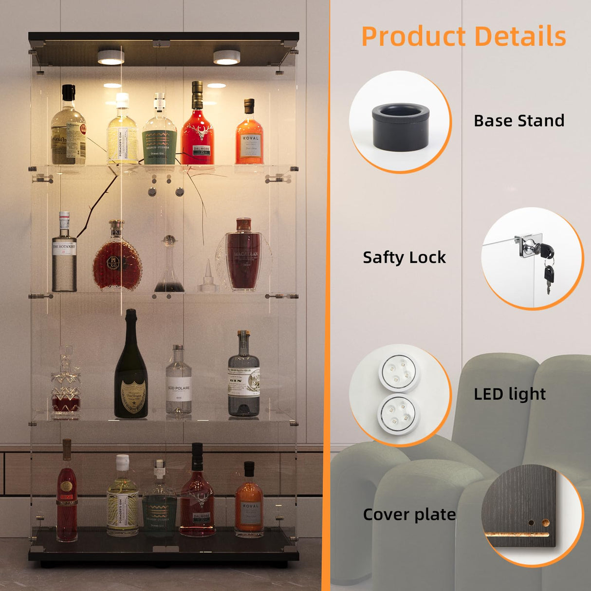 FANYUSHOW Glass Display Cabinet with LED Light, 2 Doors and Lock, Quick-Install Style 4-Shelf Curio Cabinet 5mm Tempered Glass Bookshelf for Living Room, Bedroom, 65" H x 32''L x 14''W (Black) FANYUSHOW