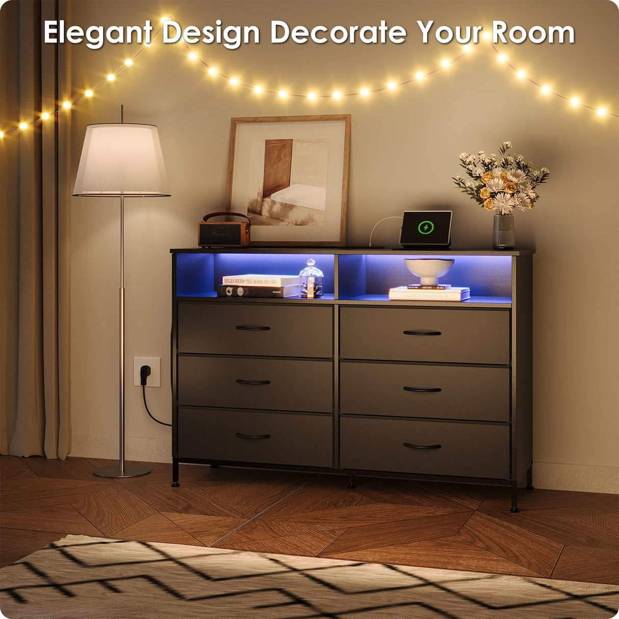 OtterOasis Dresser for Bedroom with LED Lights and Charging Station, Fabric Black Bedroom Dresser 6 Long Drawers Dressers, Tall Wide Chest of Drawers TV Stand OtterOasis