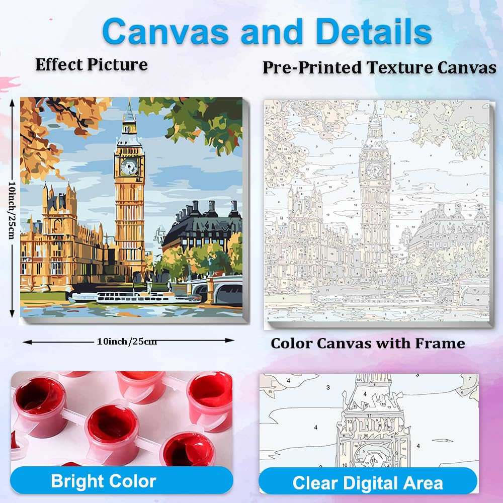 Artunion Framed Paint by Numbers Kit for Adults Beginners & Kids Ages 8-12,Big Ben Paint by Number with Frame,London City Paint by Numbers Kit on Canvas 10 * 10 Inch Without Easel Artunion