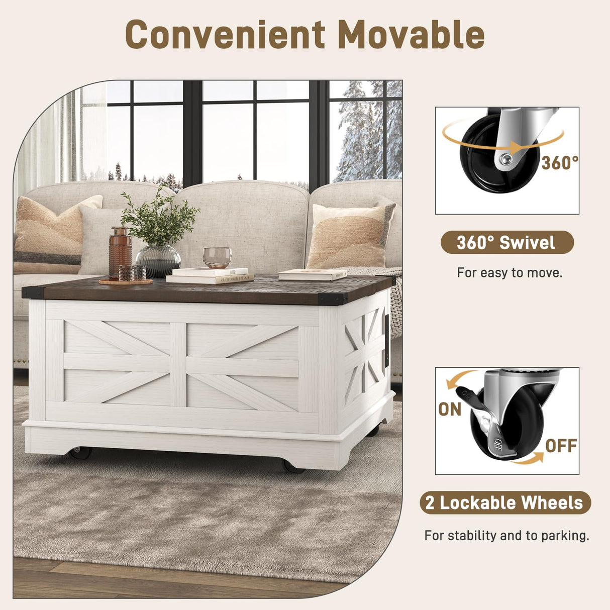 Hlivelood 36" Farmhouse Movable Lift Top Coffee Table with Storage and Power Outlets, Square Wood Living Room Tables with Wheels&Large Hidden Space, Lift Wooden Barn Door Center Table, White Hlivelood