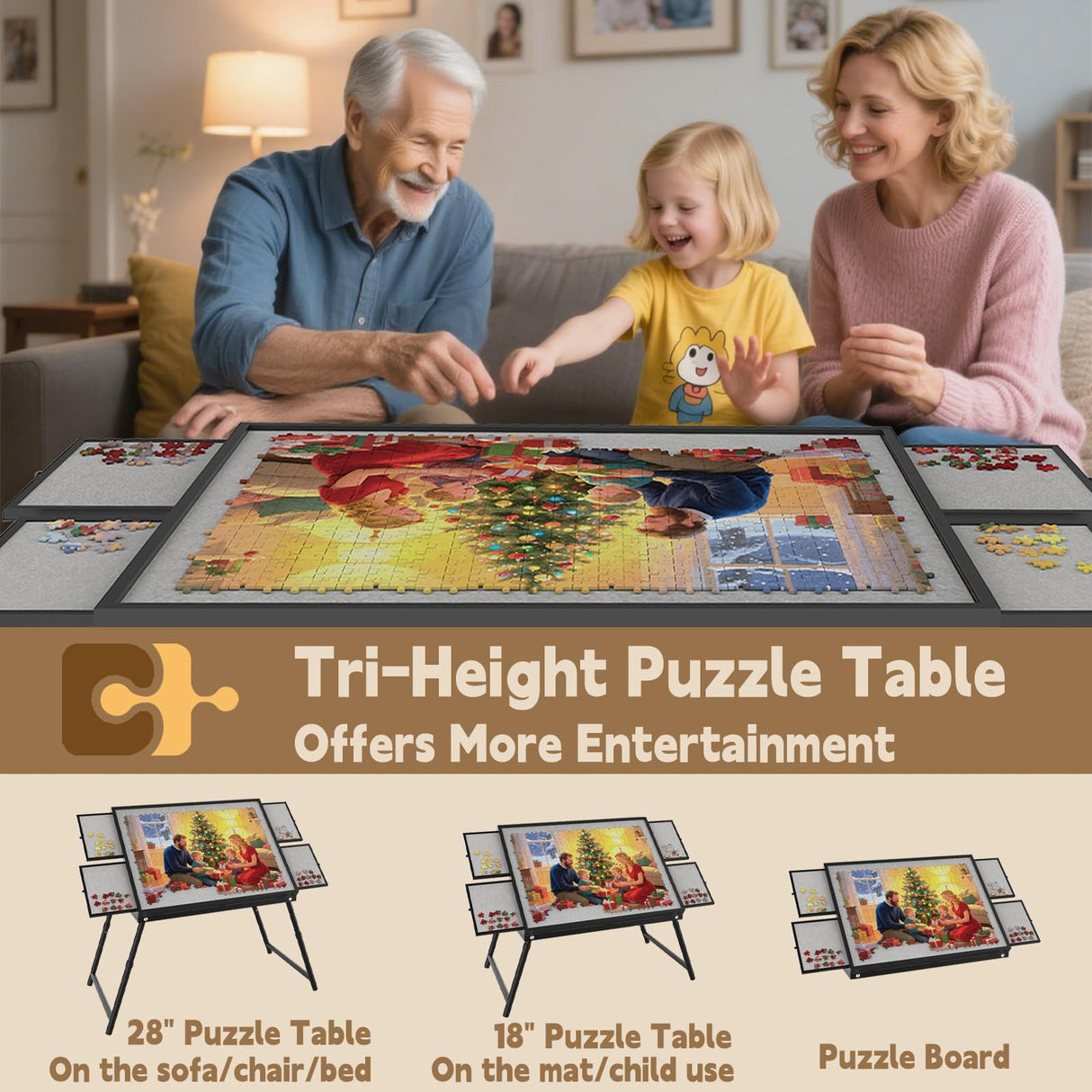 Puzzle Table 1500 Pieces, 3-in-1 Foldable Jigsaw Puzzle Table with Cover – 18” & 28” Height, 5 Angle Tilt, Metal Frame, Portable Puzzle Tables Drawers and Legs for All Ages RAGOZONERY
