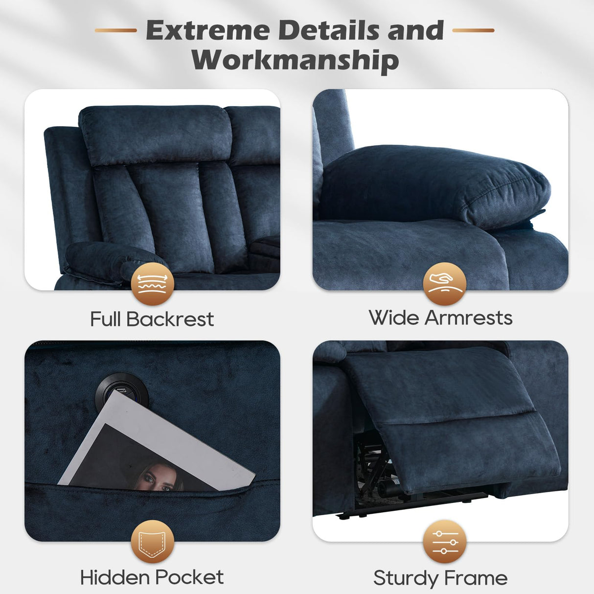 Consofa Power Reclining Loveseat with Console, Power Loveseat Recliner Sofa with Heat and Massage, Wall Hugger Loveseat Recliner with Dual Ports, Cup Holders for Living Room, RV Sofa (Blue, Loveseat) Consofa