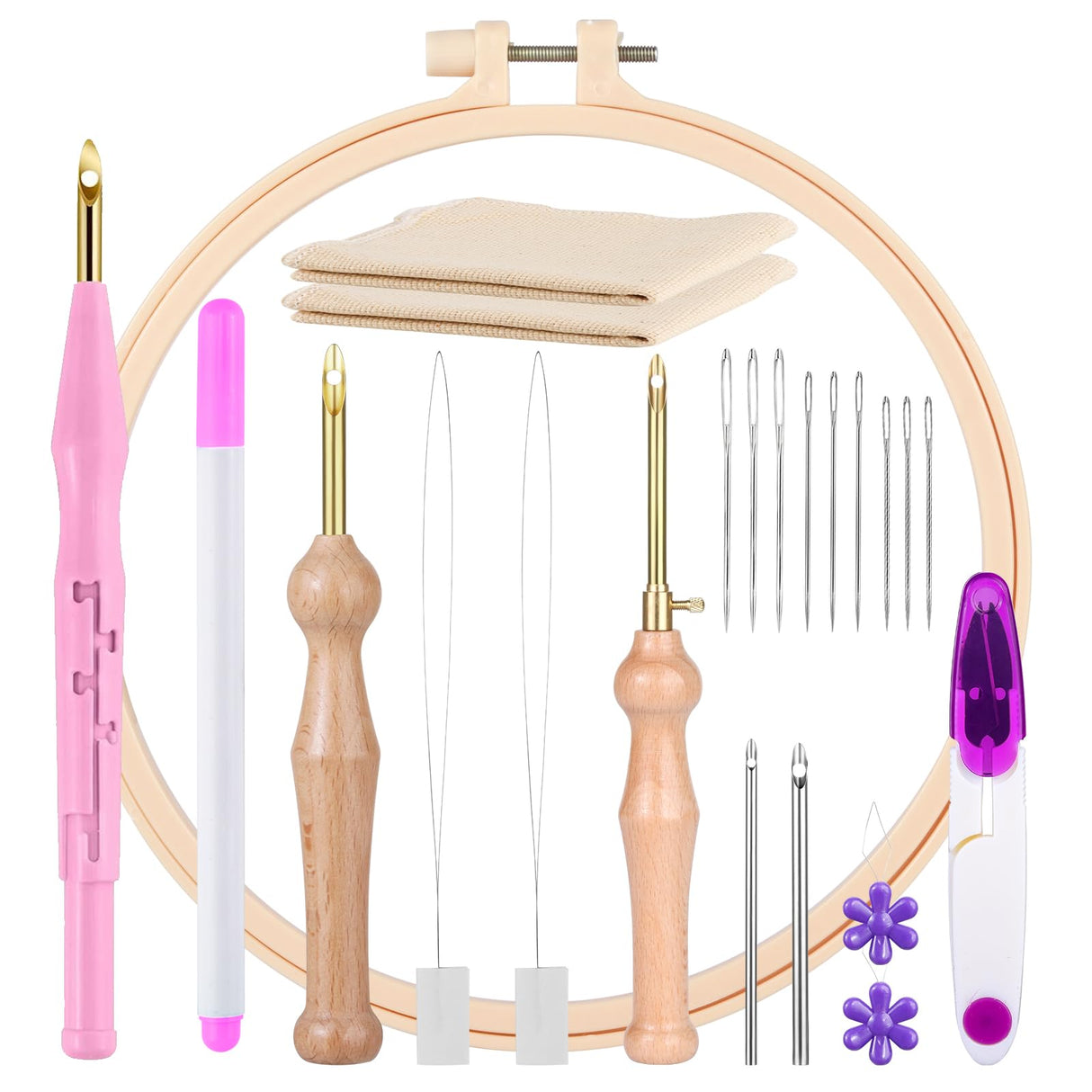 MSDADA 21PC Punch Needle Embroidery Kit - Adjustable Tool, Wooden Handle Pen, Hoops, Cloth, Big Eye Needles, Threaders (Pink) MSDADA