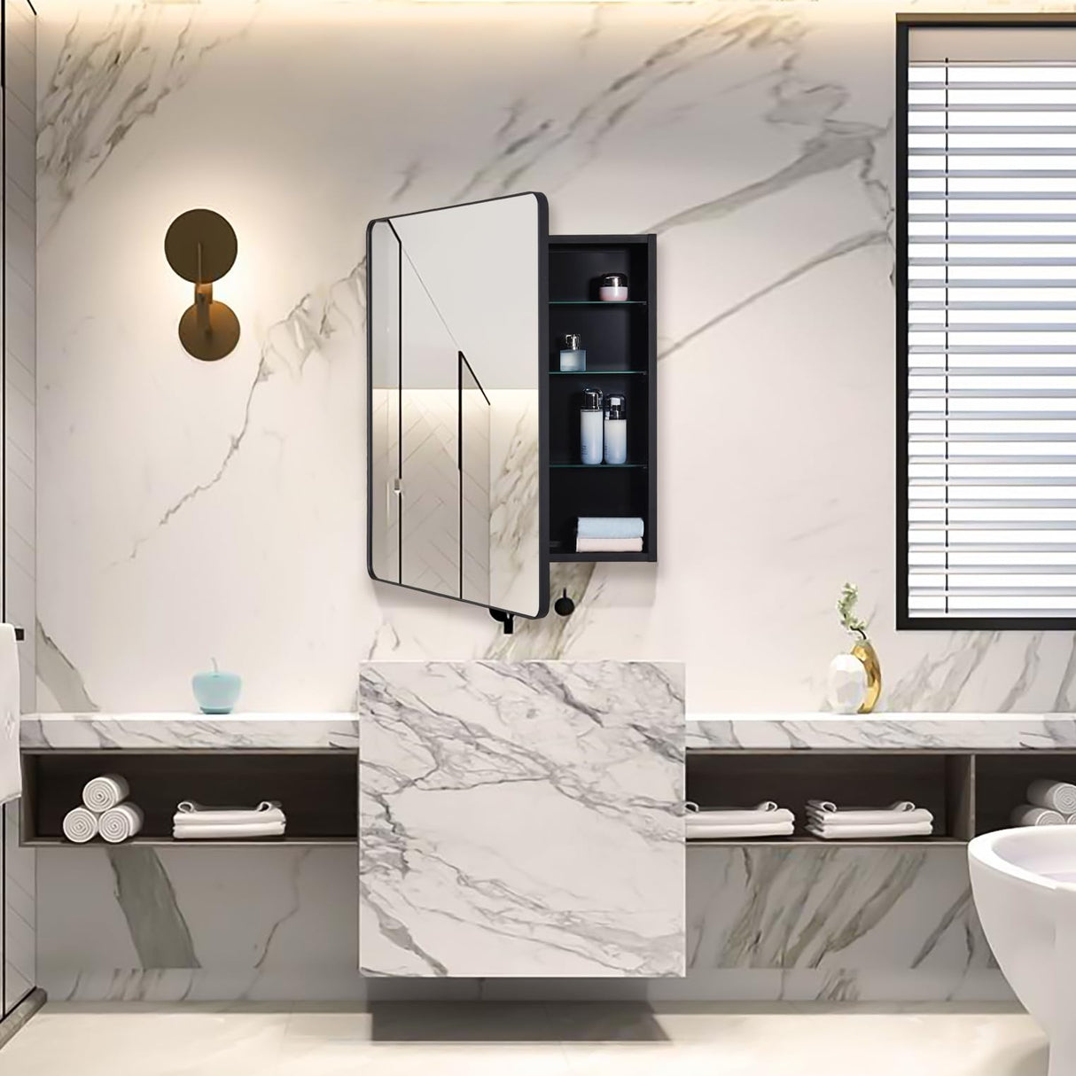 IDYLLOR Black Bathroom Mirror Medicine Cabinet with Round Corner Framed Door 24 x 30 inch, Recessed or Surface Mount, with Adjustable Glass Shelves IDYLLOR