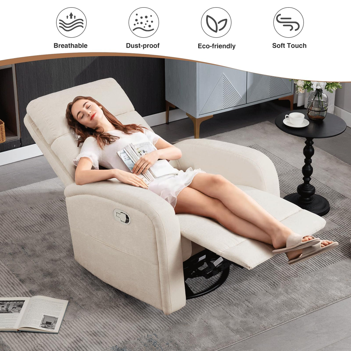 AEMEIOS Nursery Rocking Recliners, 360° Swivel Glider Rocker Recliner with Double Pockets, Manual Nursery Glider Rocker Recliner for Living Room, Chenille White AEMEIOS