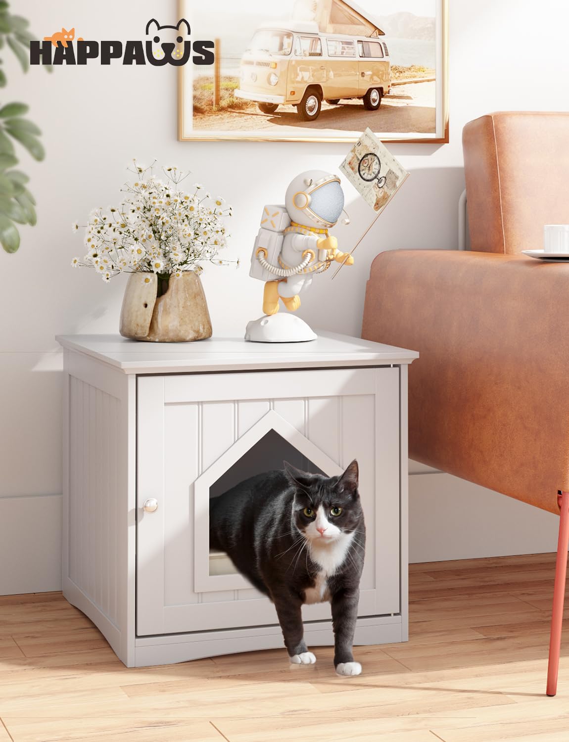 HAPPAWS Cat Litter Box Enclosure Furniture, Modern Cat Box Furniture Hidden, Sturdy Wooden Night Stand & Cat House Side Table, Easy Assembly, Fit Most of Litter Box, White HAPPAWS