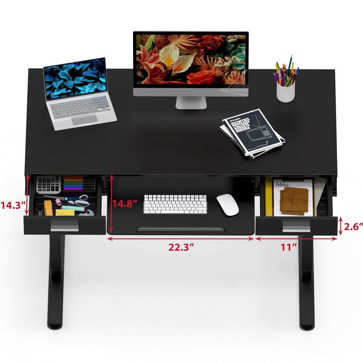 SHW 48-Inch Electric Height Adjustable Desk with Keyboard Tray and Two Drawers, Black SHW