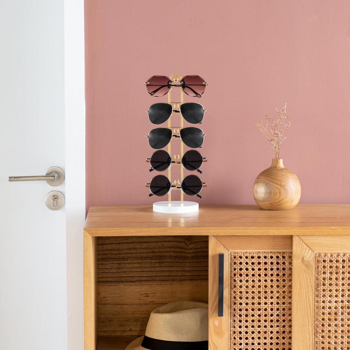 Mkono Sunglasses Organizer Glasses Holder Stand Sunglass Storage Eyeglasses Rack Metal Frame with Wood Base for 5 Pairs of Eyewear Display for Table Desk Countertop Dresser Bedroom, Set of 1, Gold Mkono