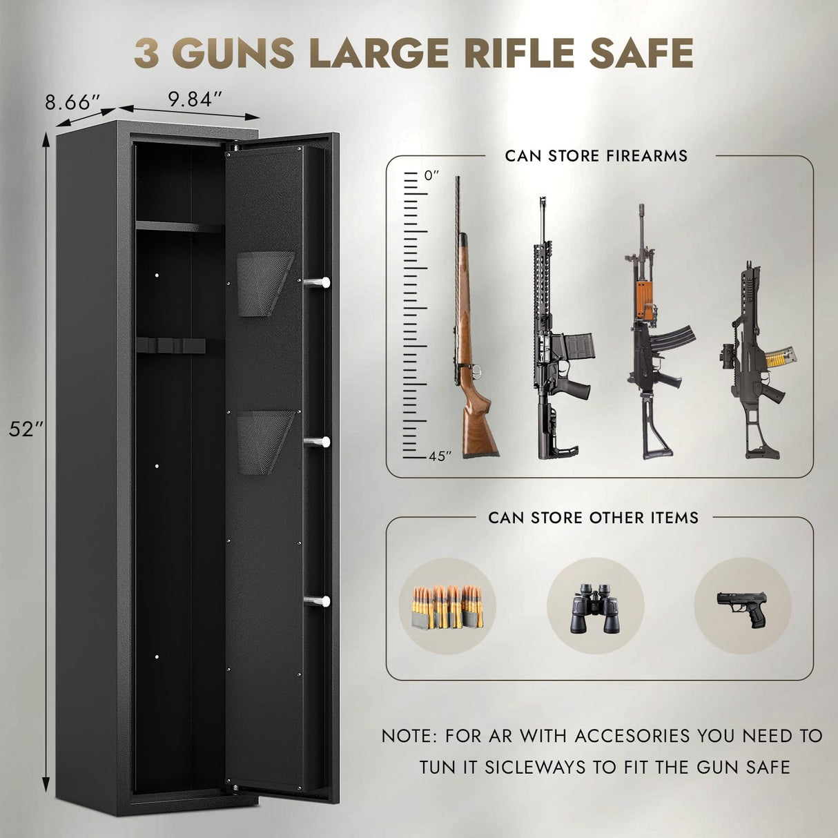 KAER 2-3 Gun Safe,Long Gun Safe for Rifles and Pistols,Rifle Safes for Home Gun Safes for Rifles,Multi-Function Gun Cabinet with Removable Gun Racks,Pistol Pockets (2-3 GUN) KAER