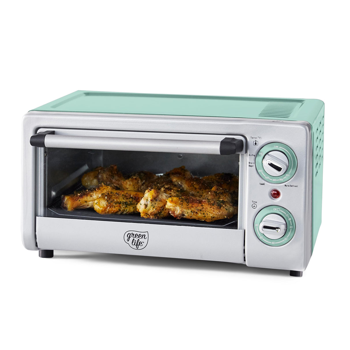 GreenLife Countertop Toaster Oven Air Fryer Stainless Steel, Healthy Ceramic Nonstick, PFAS and PFOA-Free, Tray & Basket, Bake, Broil, Reheat, Adjustable Temp & Time Control, Auto Shutoff, Turquoise GreenLife